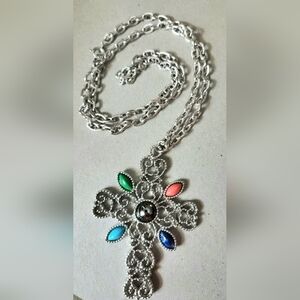 Avon Silver Necklace with Green and Pink Floral Pendant